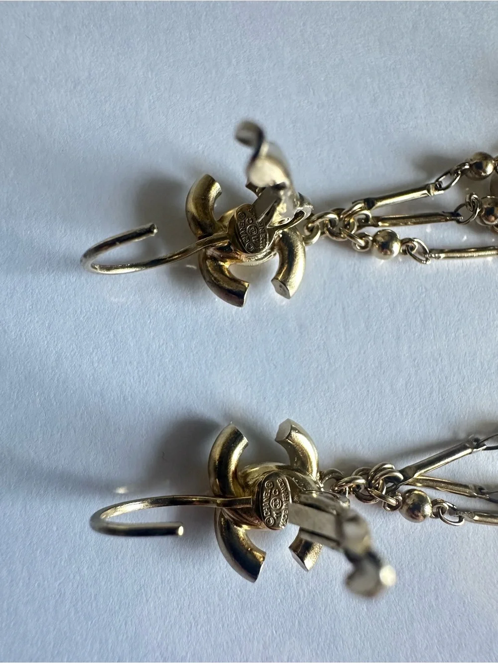 CHANEL 11C Enamel Crystal CC Pearl Chandelier Drop Earrings Rare